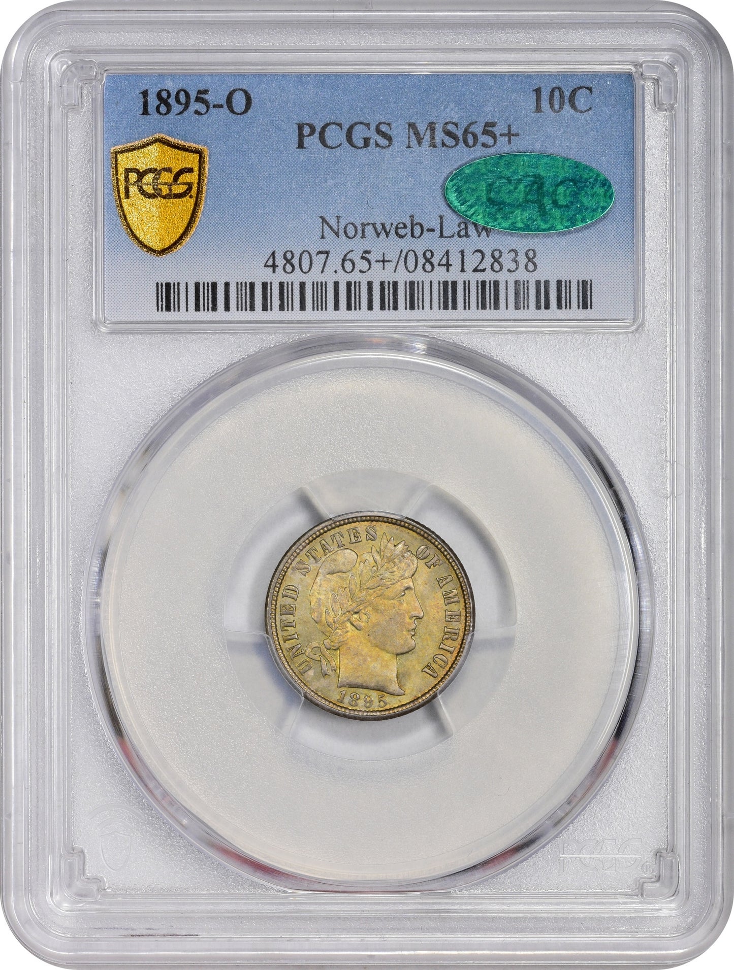 1895-O 10C MS65+ PCGS CAC EX NORWEB-LAW