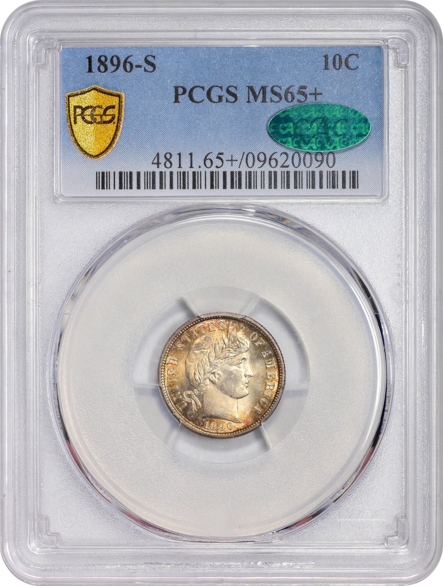 1896-S 10C MS65 + PCGS CAC 10C