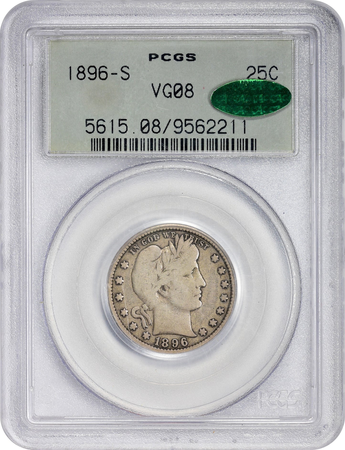 1896-S 25C VG08 OGH PCGS CAC HOLDER WITH CAC STICKER