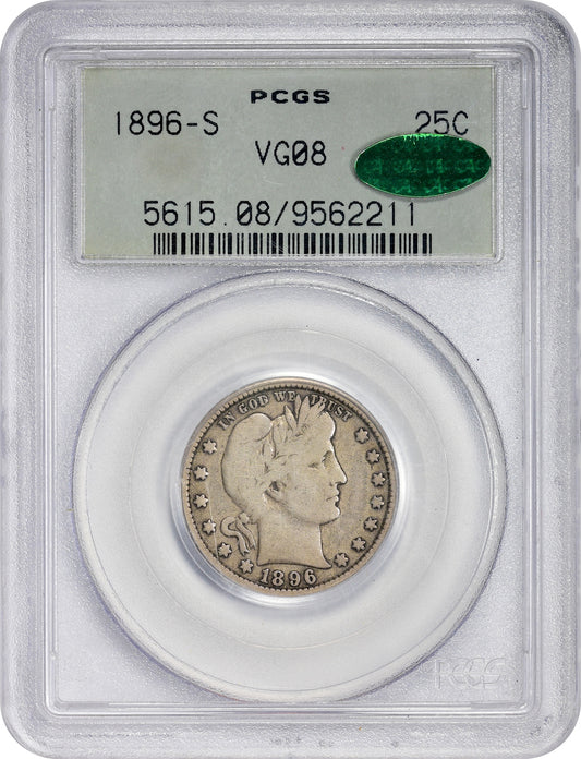 1896-S 25C VG08 OGH PCGS CAC HOLDER WITH CAC STICKER