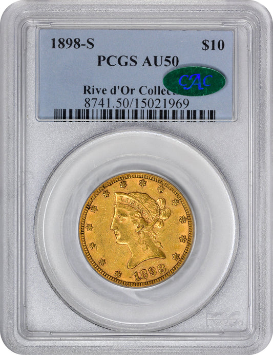 1898-S $10 AU50 PCGS CAC HOLDER WITH CAC STICKER