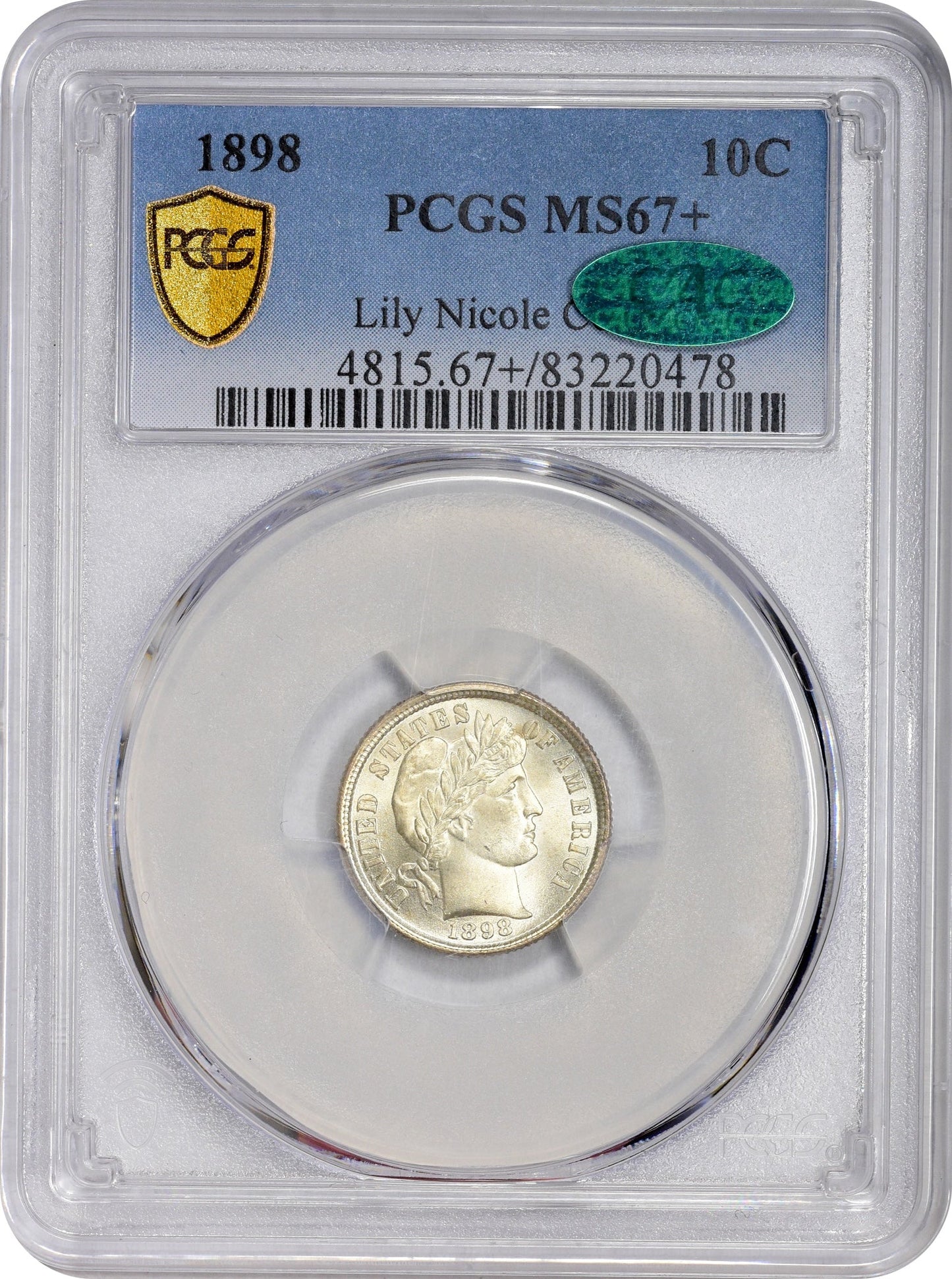 1898 10C MS67 + PCGS CAC EX LILY NICOLE COLLECTION 10C