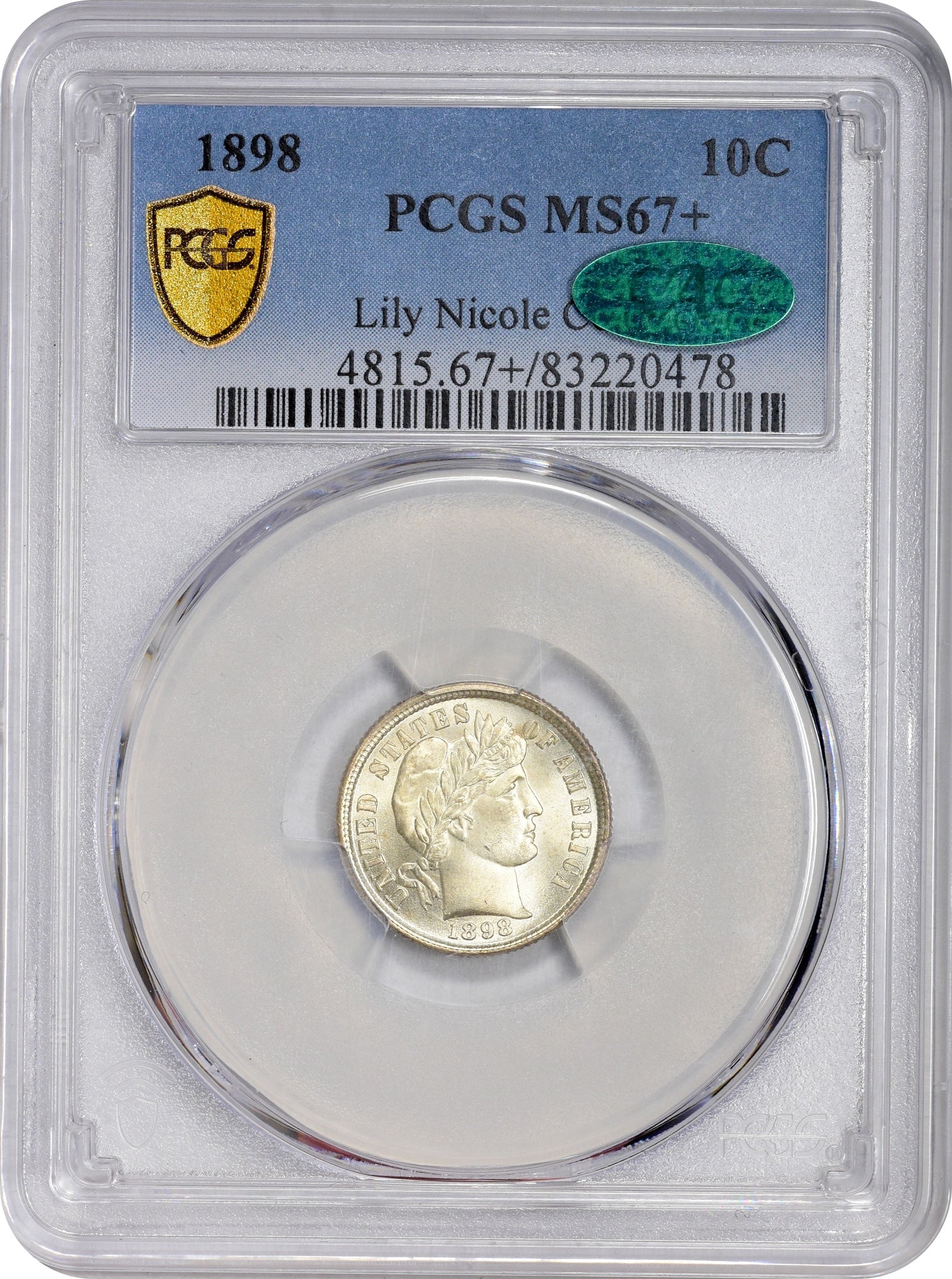 1898 10C MS67 + PCGS CAC EX LILY NICOLE COLLECTION 10C