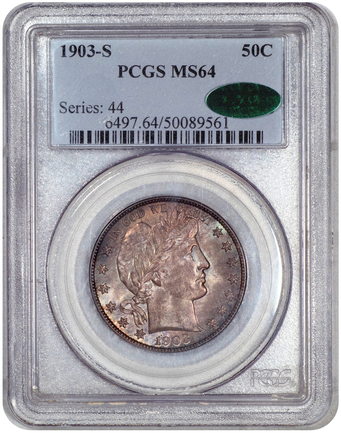 1903-S 50C BARBER HALF DOLLAR MS64 PCGS CAC HOLDER WITH GREEN CAC STICKER