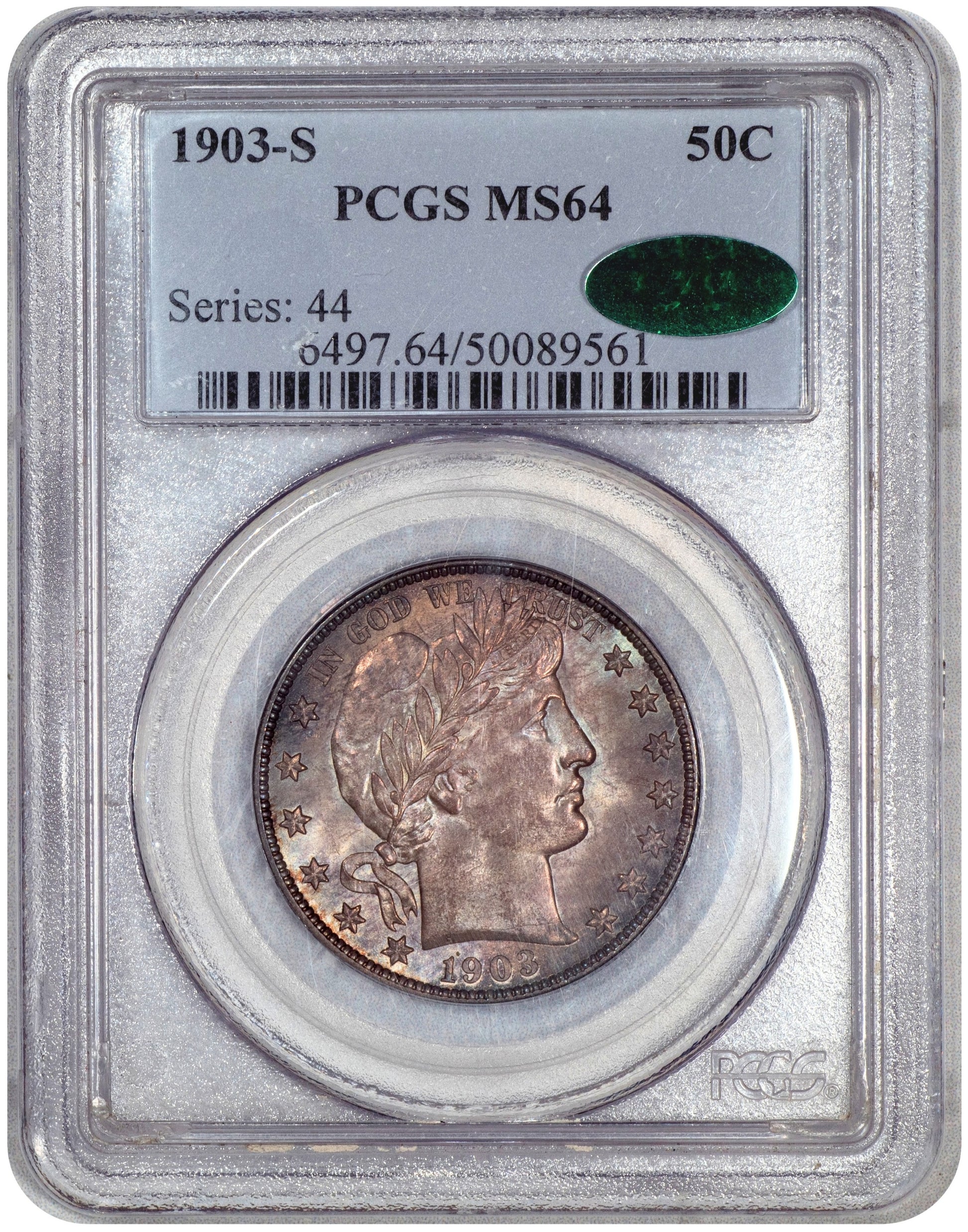 1903-S 50C BARBER HALF DOLLAR MS64 PCGS CAC HOLDER WITH GREEN CAC STICKER