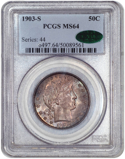 1903-S 50C BARBER HALF DOLLAR MS64 PCGS CAC HOLDER WITH GREEN CAC STICKER