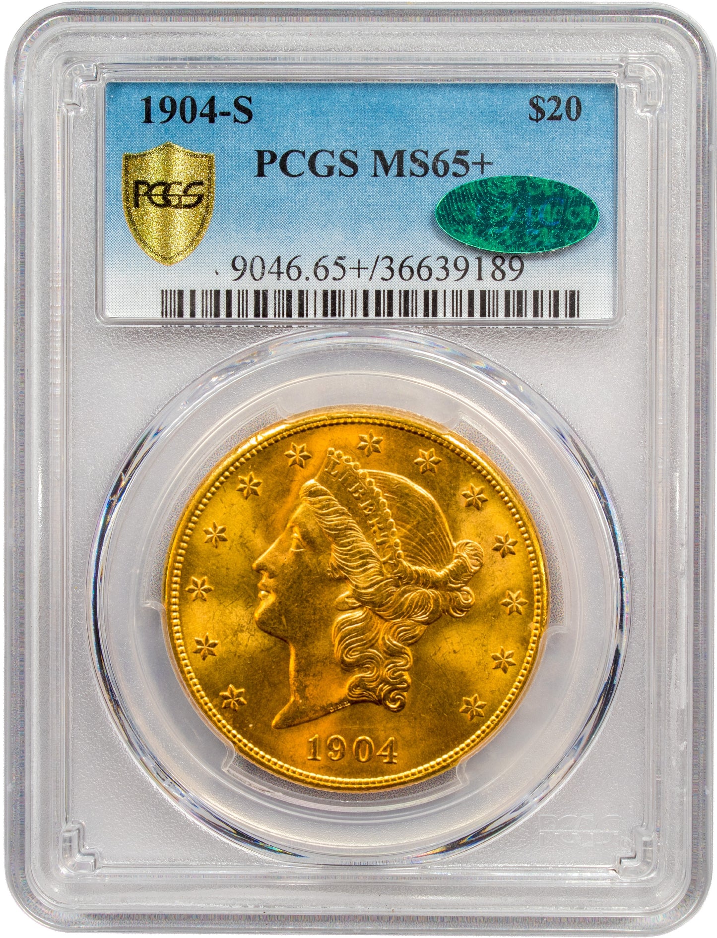 1904-S $20 MS65+ PCGS CAC HOLDER WITH CAC GREEN STICKER