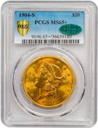 1904-S $20 MS65+ PCGS CAC HOLDER WITH CAC GREEN STICKER