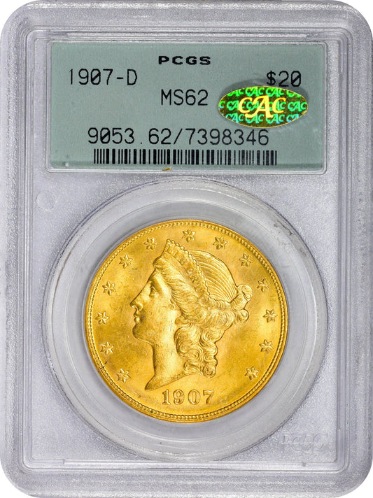 1907-D $20 MS62 OGH PCGS GOLD CAC HOLDER WITH CAC STICKER
