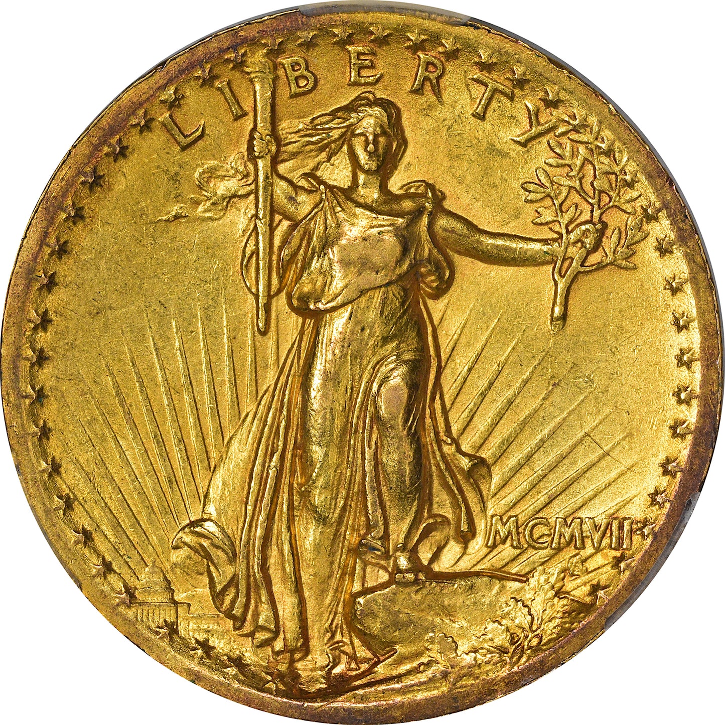 1907 $20 HIGH RELIEF WIRE EDGE AU58 CACG