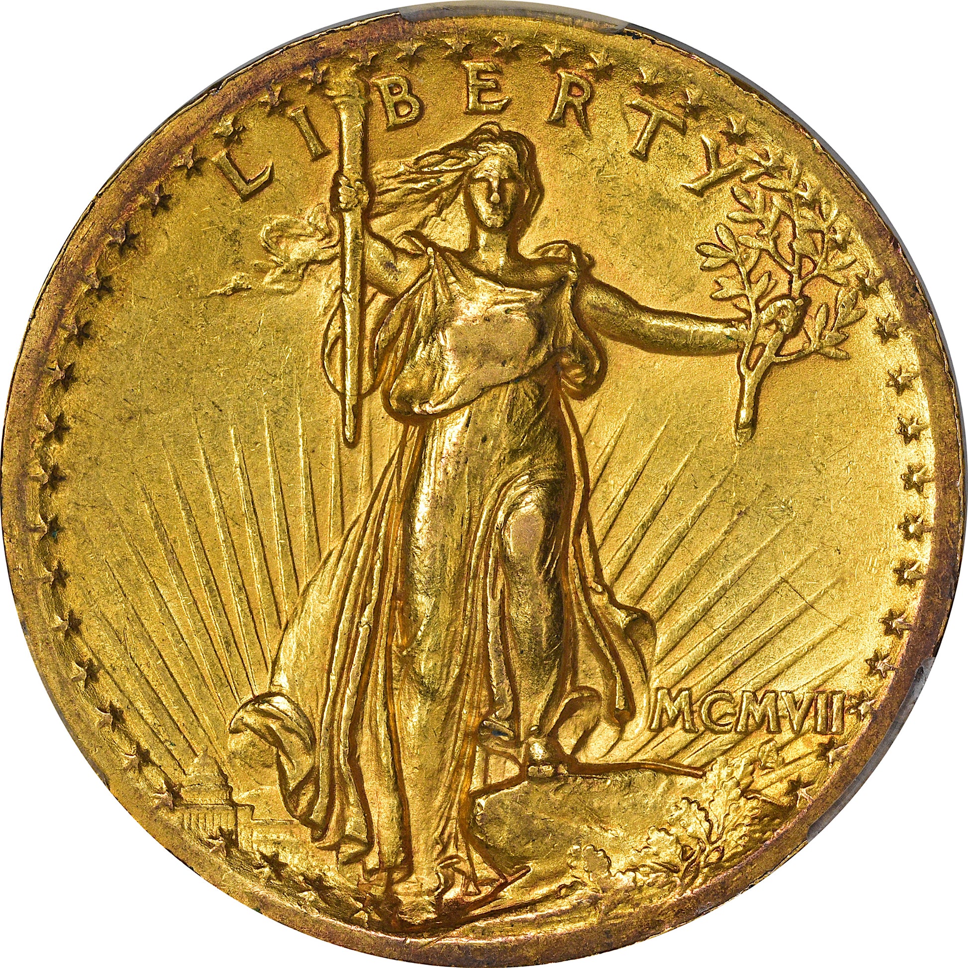 1907 $20 HIGH RELIEF WIRE EDGE AU58 CACG