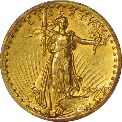 1907 $20 HIGH RELIEF WIRE EDGE AU58 CACG