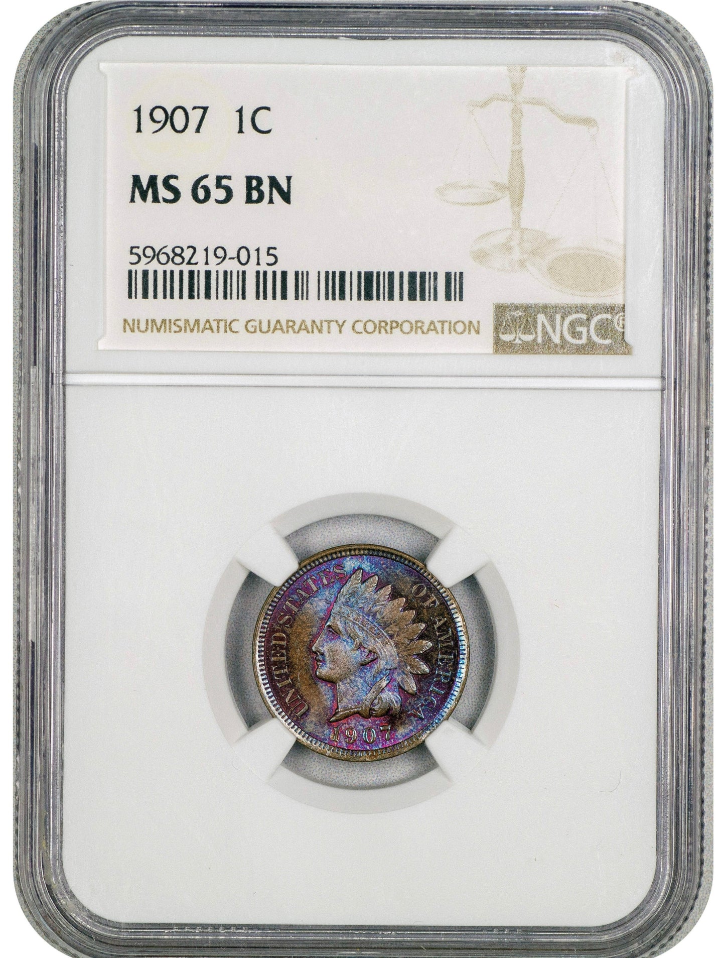 1907 Indian Head Cent 1C MS65 BN NGC Holder