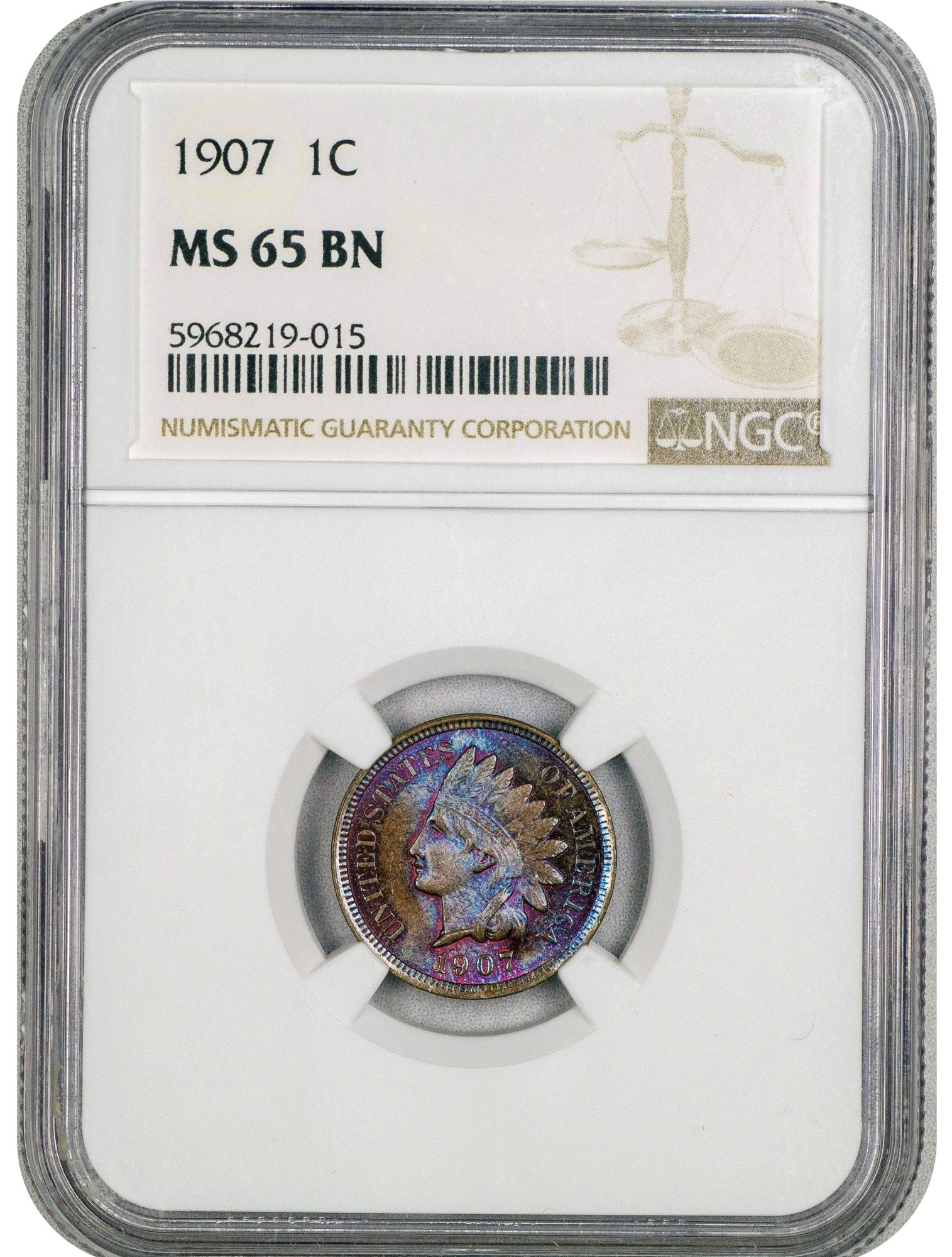 1907 Indian Head Cent 1C MS65 BN NGC Holder