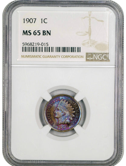 1907 Indian Head Cent 1C MS65 BN NGC Holder