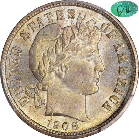1908 10C MS67 + PCGS CAC EX HUGON-SIMPSON 10C
