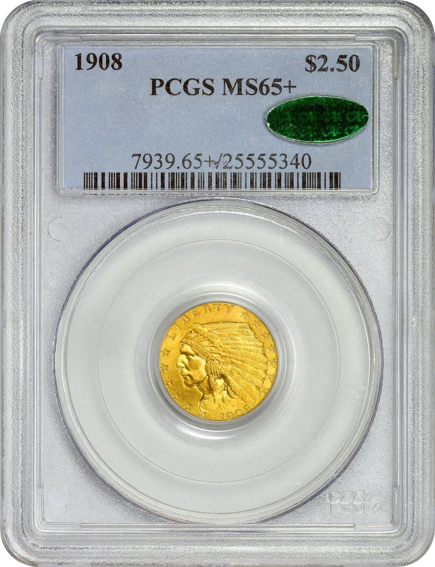 1908 $2.5 Ms65 + Pcgs Cac