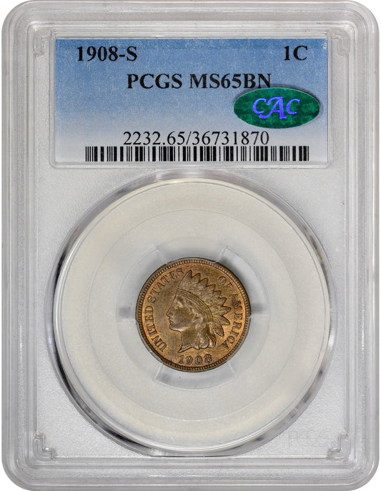 1908-S 1C MS65 BN PCGS CAC HOLDER WITH CAC GREEN STICKER
