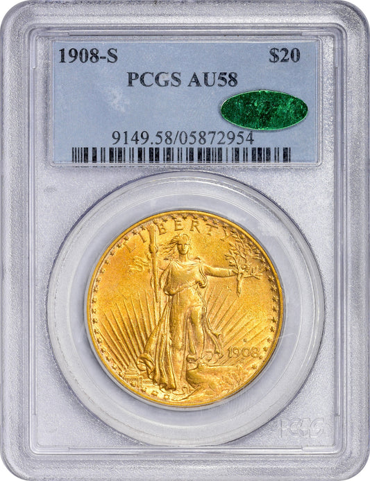 1908-S $20 AU58 PCGS CAC HOLDER WITH CAC STICKER