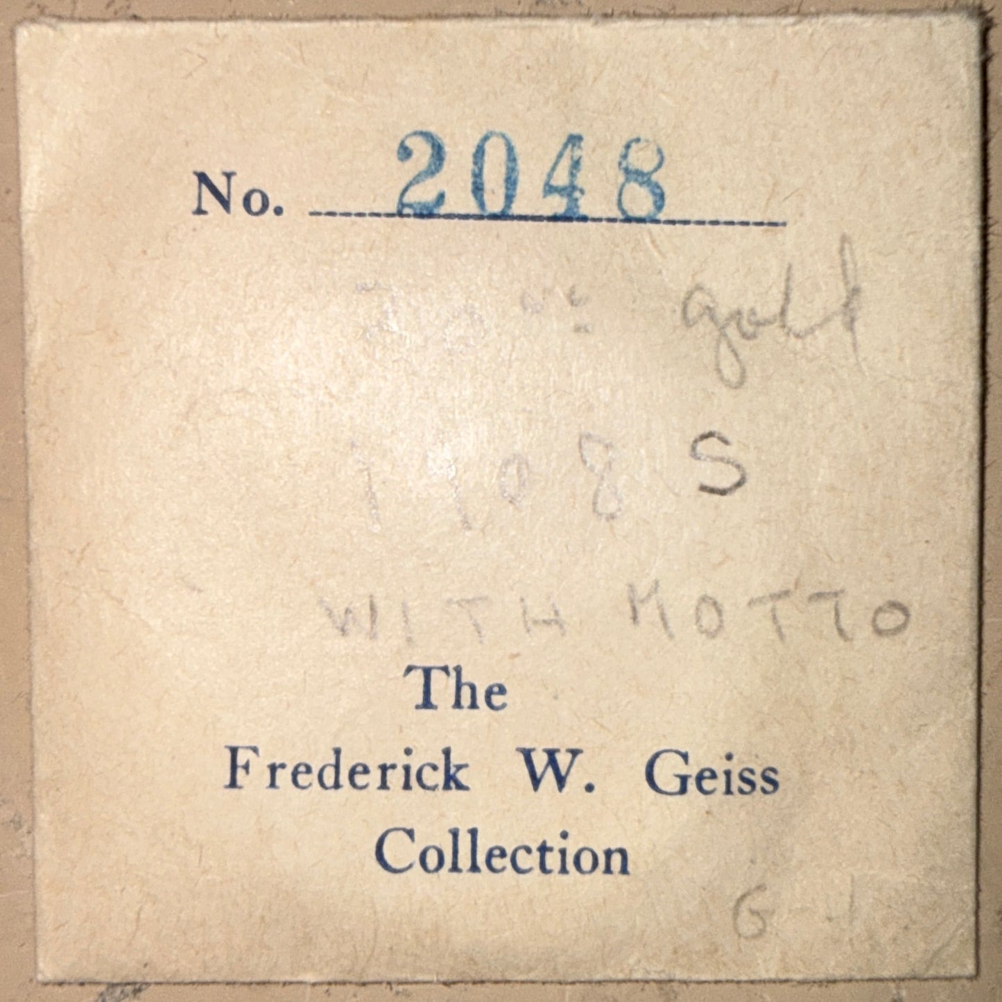 Card with 'The Frederick W. Geiss Collection' and number 2048 on a beige background