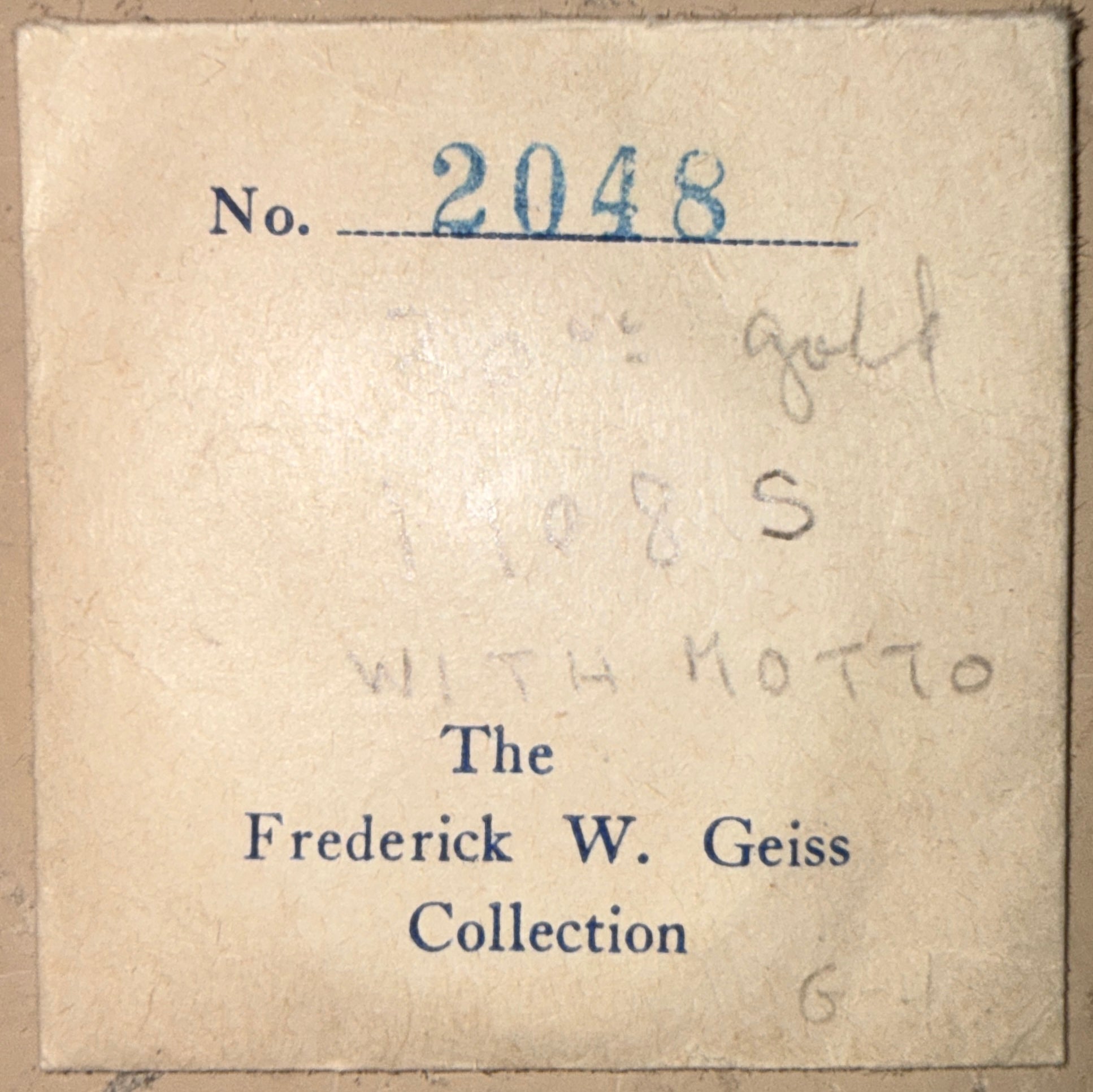 Card with 'The Frederick W. Geiss Collection' and number 2048 on a beige background