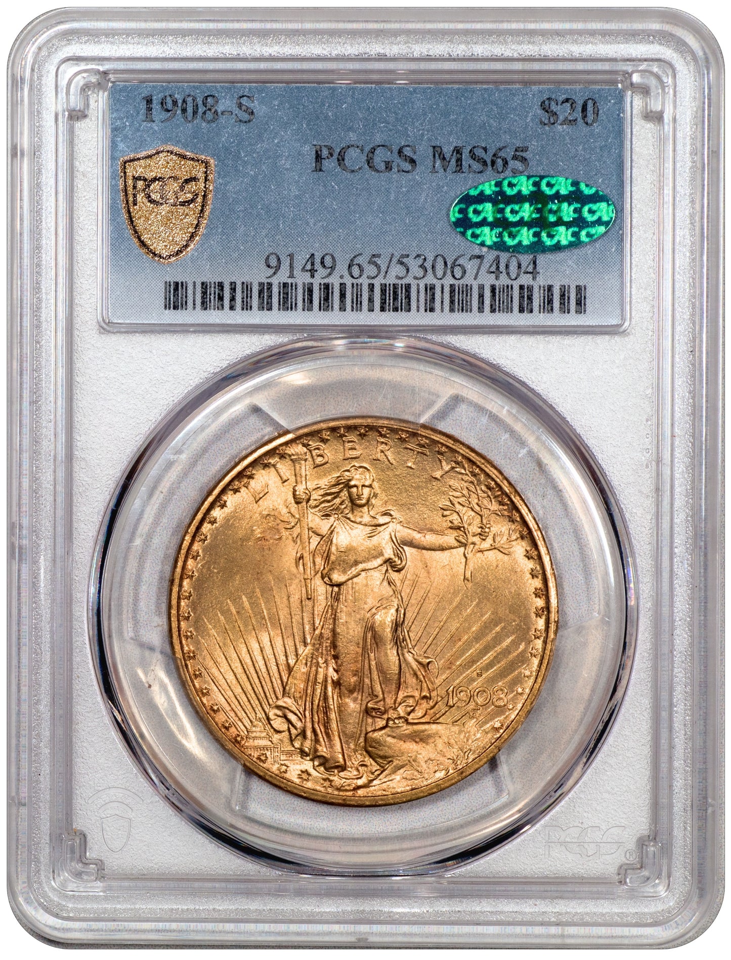 1908-S $20 St. Gaudens DOUBLE EAGLE MS65 PCGS CAC EX MAX MEHL HOLDER WITH GREEN CAC STICKER