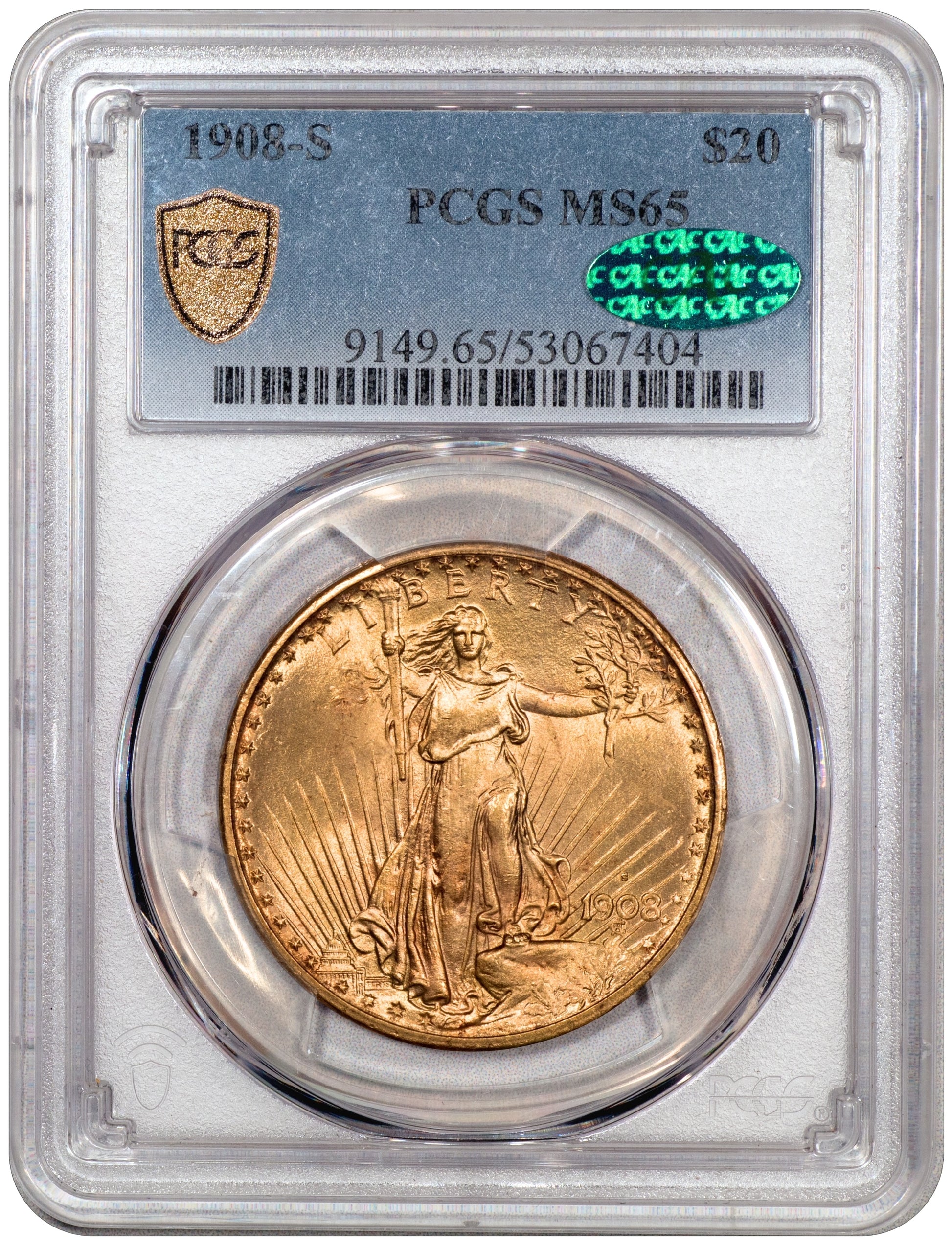 1908-S $20 St. Gaudens DOUBLE EAGLE MS65 PCGS CAC EX MAX MEHL HOLDER WITH GREEN CAC STICKER