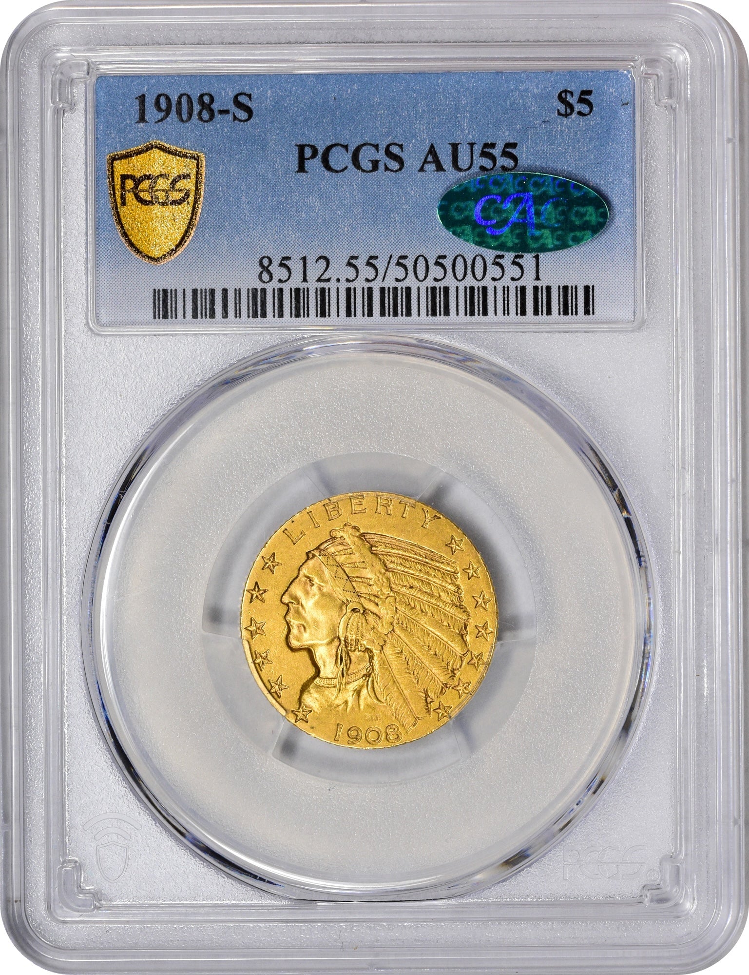 1908-S $5 Au55 Pcgs Cac