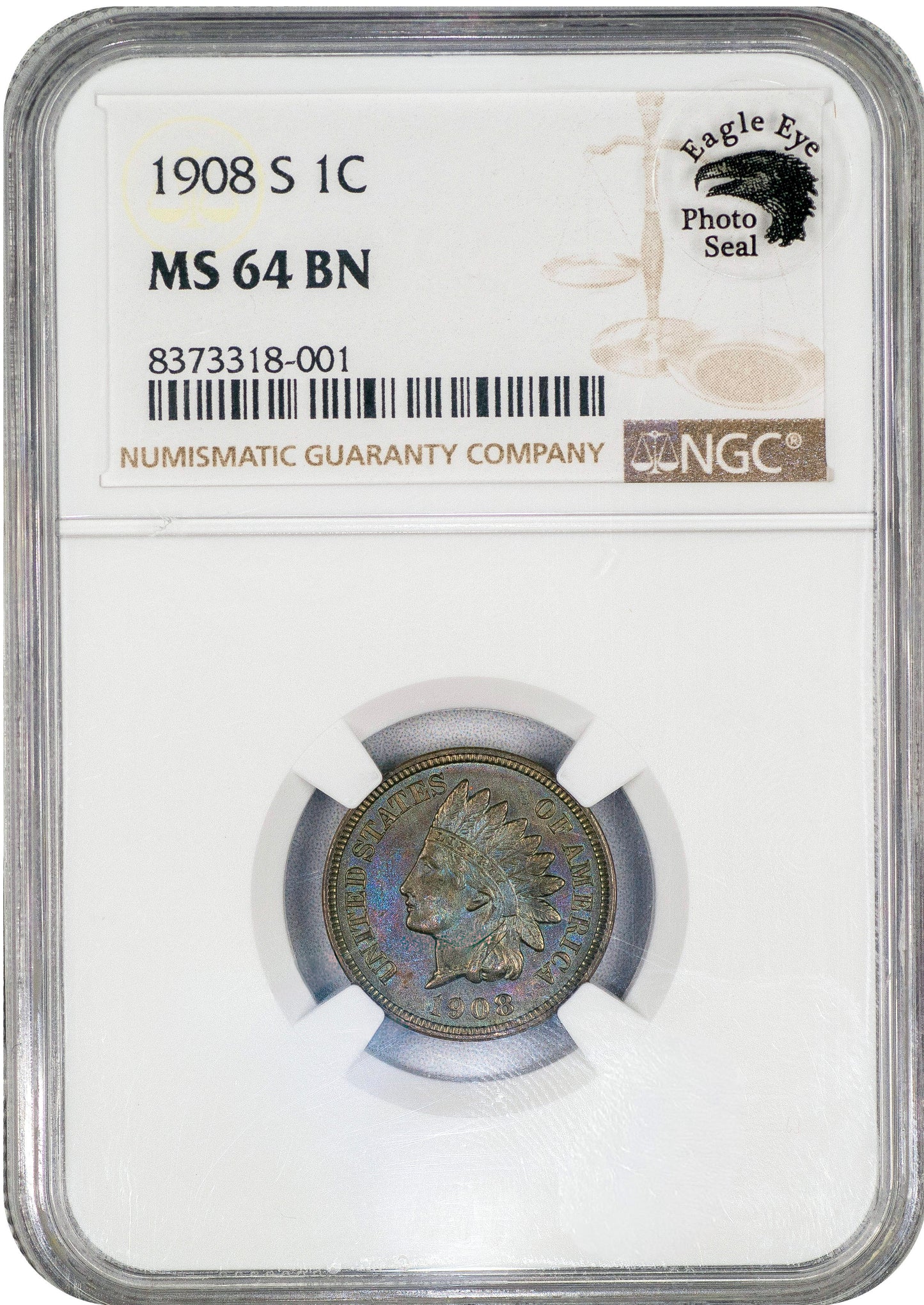 1908-S Indian Head Cent 1C MS64 BN NGC EEPS Holder with Eagle Eye Photo Seal Sticker 