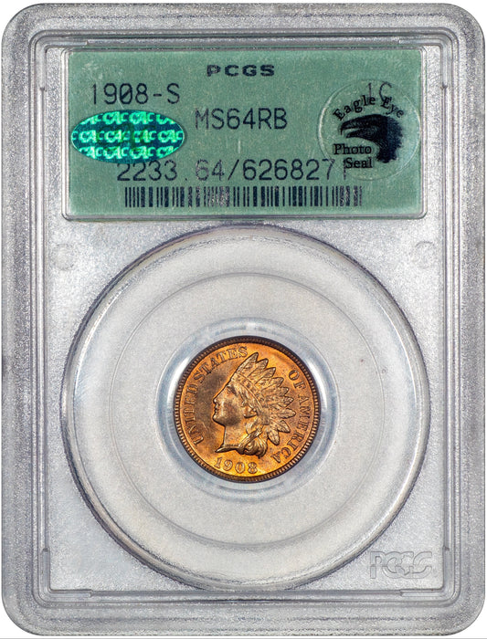 1908-S Indian Head Cent 1C MS64 RB OGH PCGS CAC EEPS HOLDER WITH GREEN CAC STICKER PLUS EAGLE EYE PHOTO SEAL STICKER