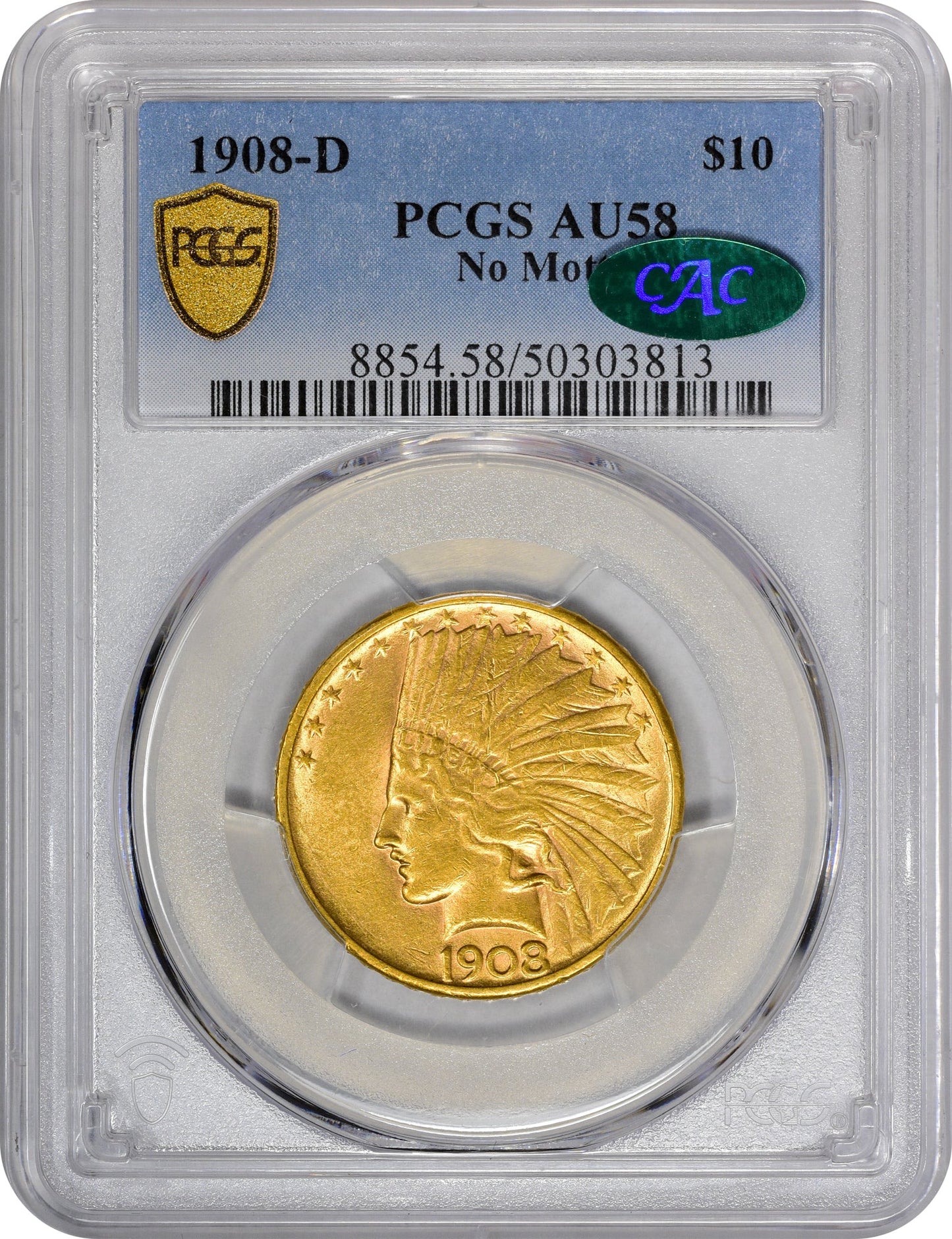 1908-D $10 No Motto Au58 Pcgs Cac