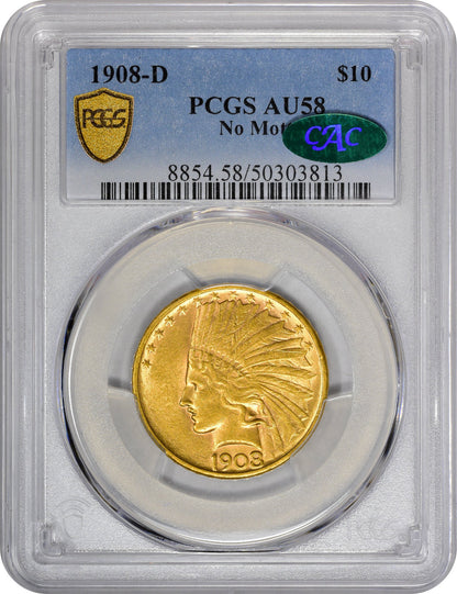 1908-D $10 No Motto Au58 Pcgs Cac