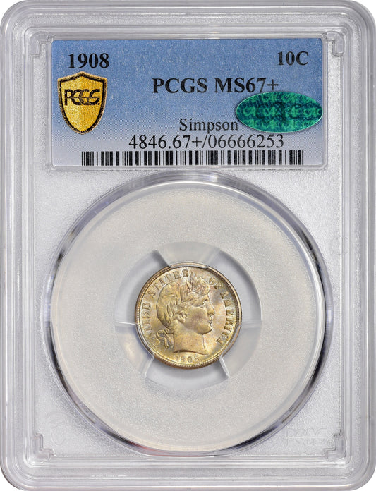 1908 10C MS67+ PCGS CAC HOLDER WITH CAC STICKER