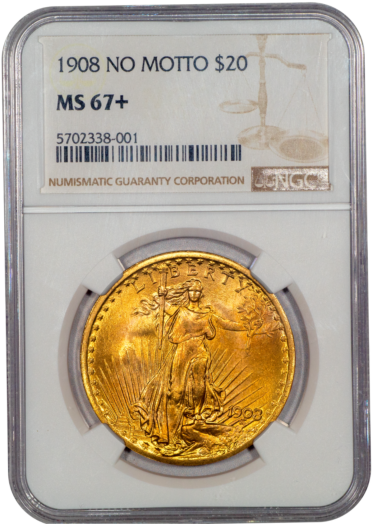 1908 $20 NO MOTTO MS67+ NGC