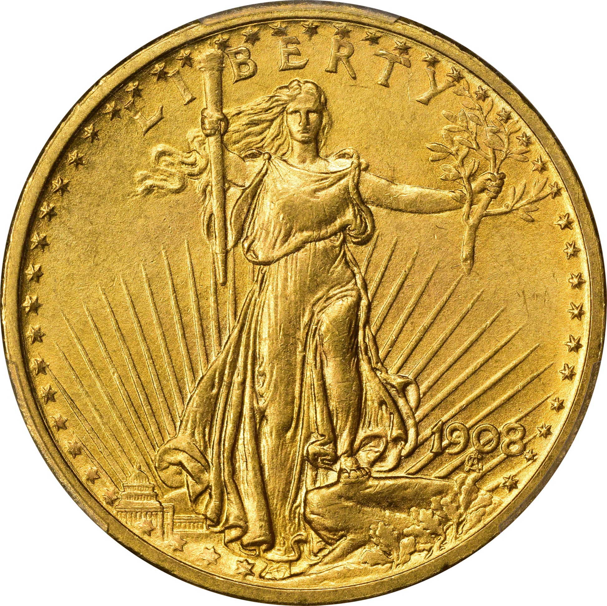 1908 $20 NO MOTTO MS63 PCGS CAC