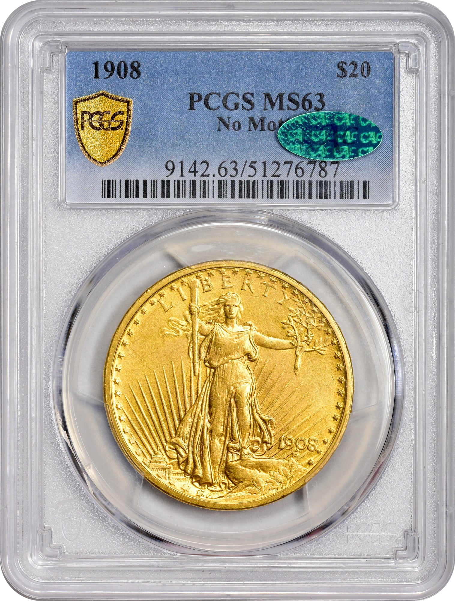 1908 $20 NO MOTTO MS63 PCGS CAC HOLDER WITH GREEN STICKER