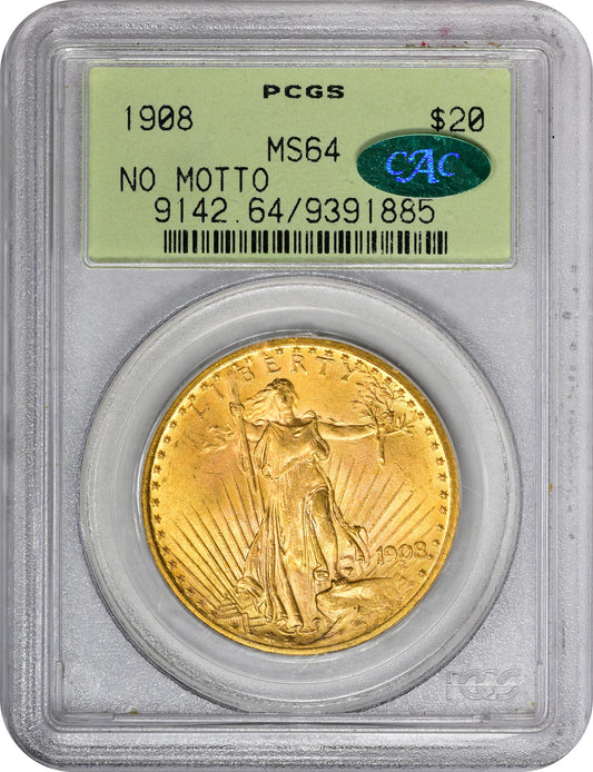 1908 $20 NO MOTTO MS64 OGH PCGS CAC HOLDER WITH CAC STICKER