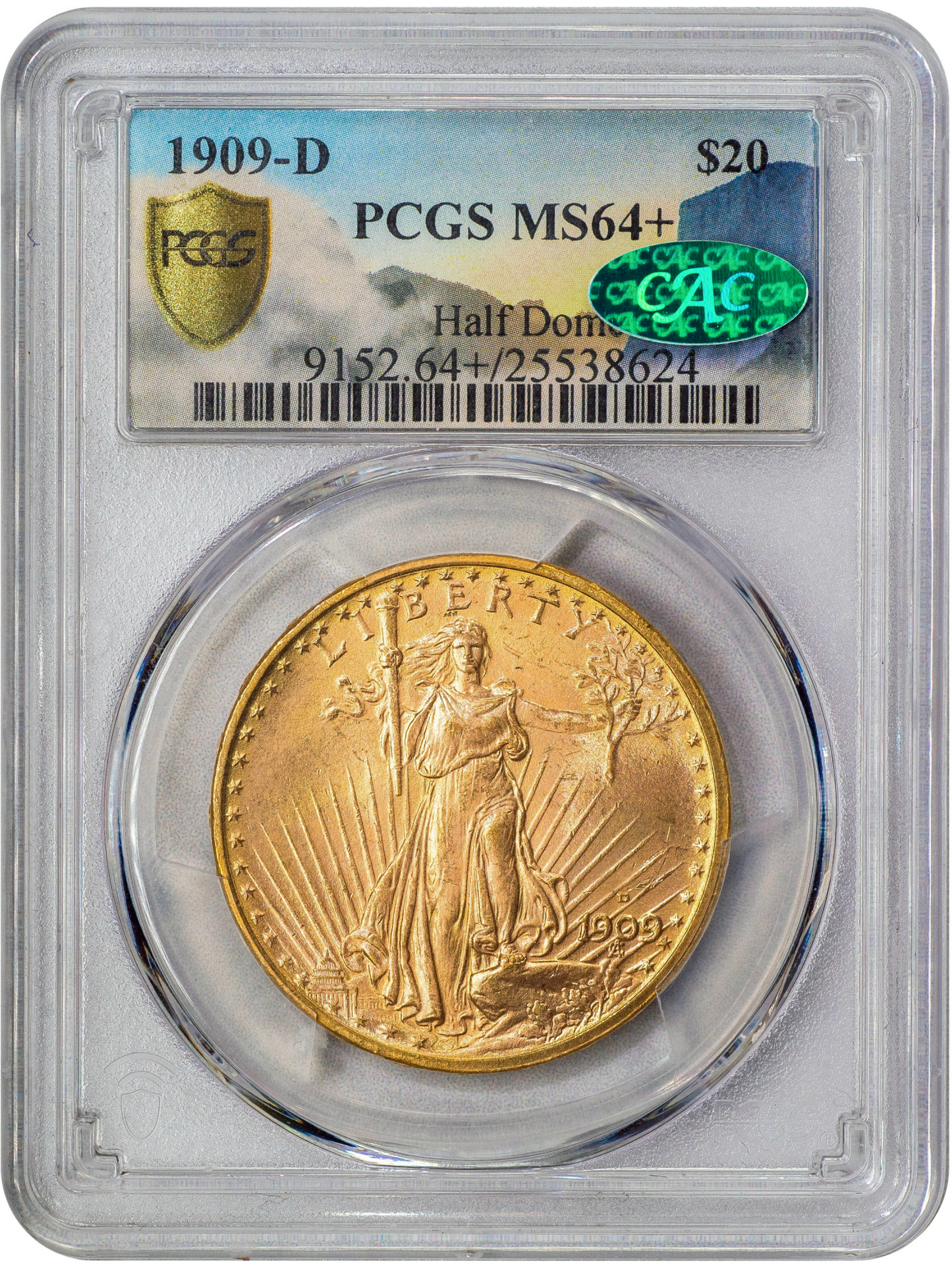1909-D $20 MS64+ PCGS CAC EX HALF DOME HOLDER WITH GREEN CAC STICKER