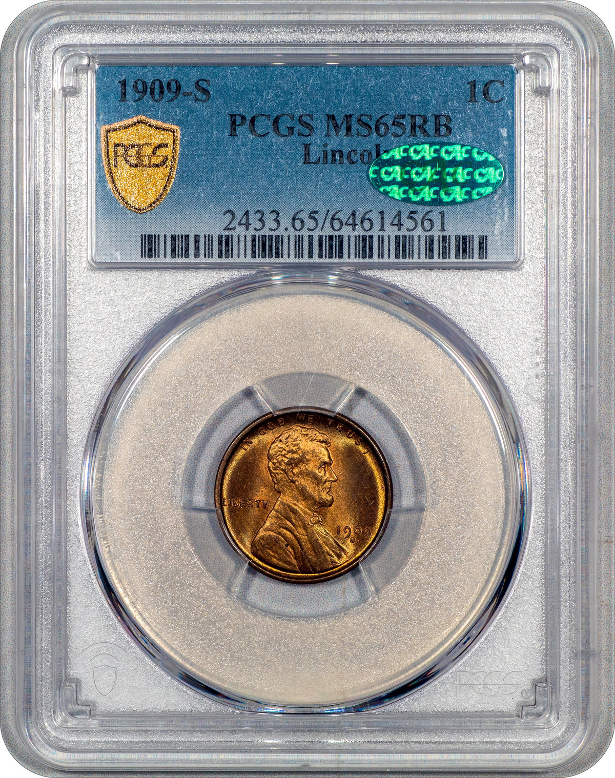 1909-S Lincoln Cent 1C LINCOLN MS65 RB PCGS CAC Holder With Green CAC Sticker