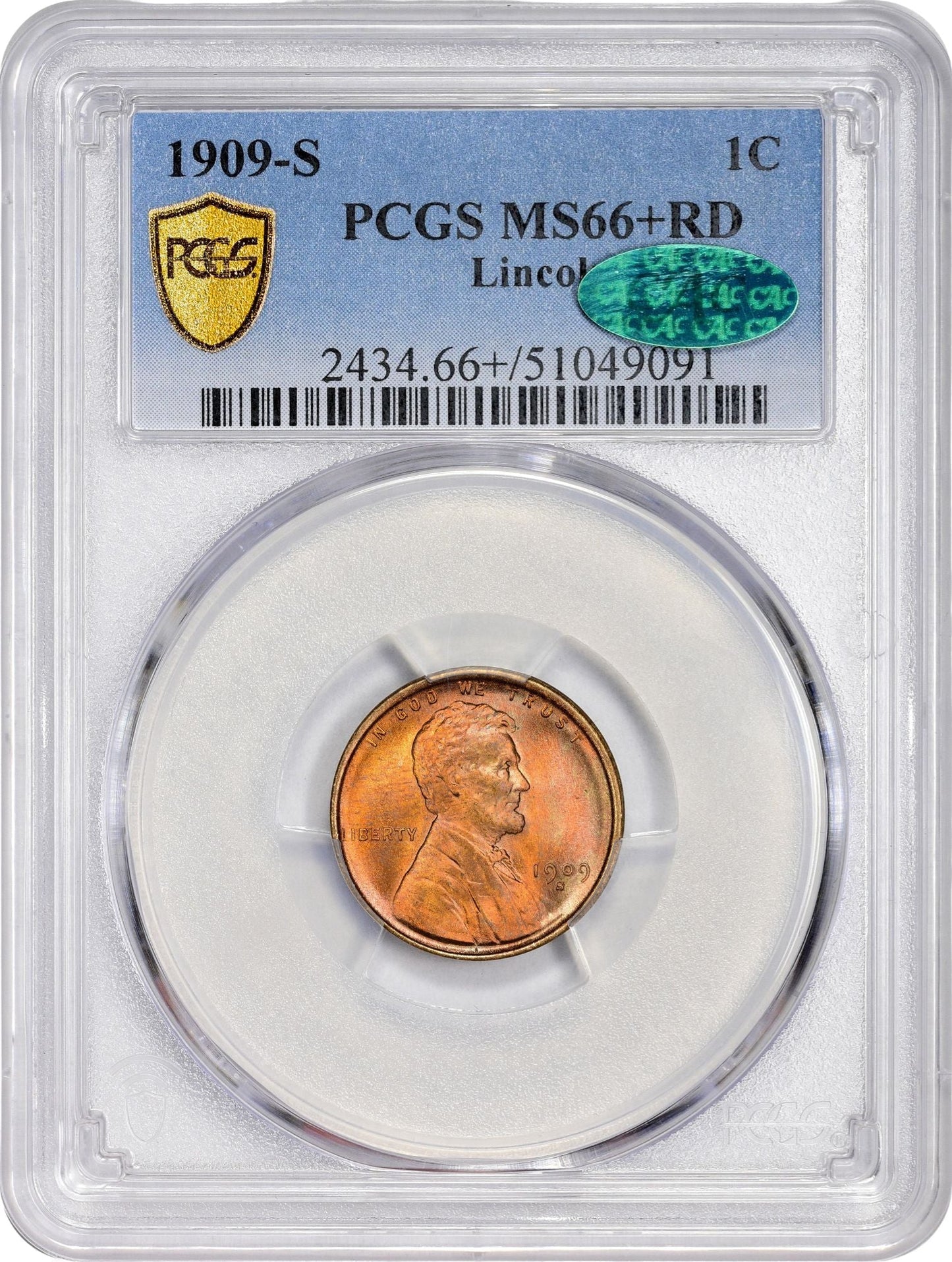 1909-S 1C LINCOLN MS66 + RD PCGS CAC 1C