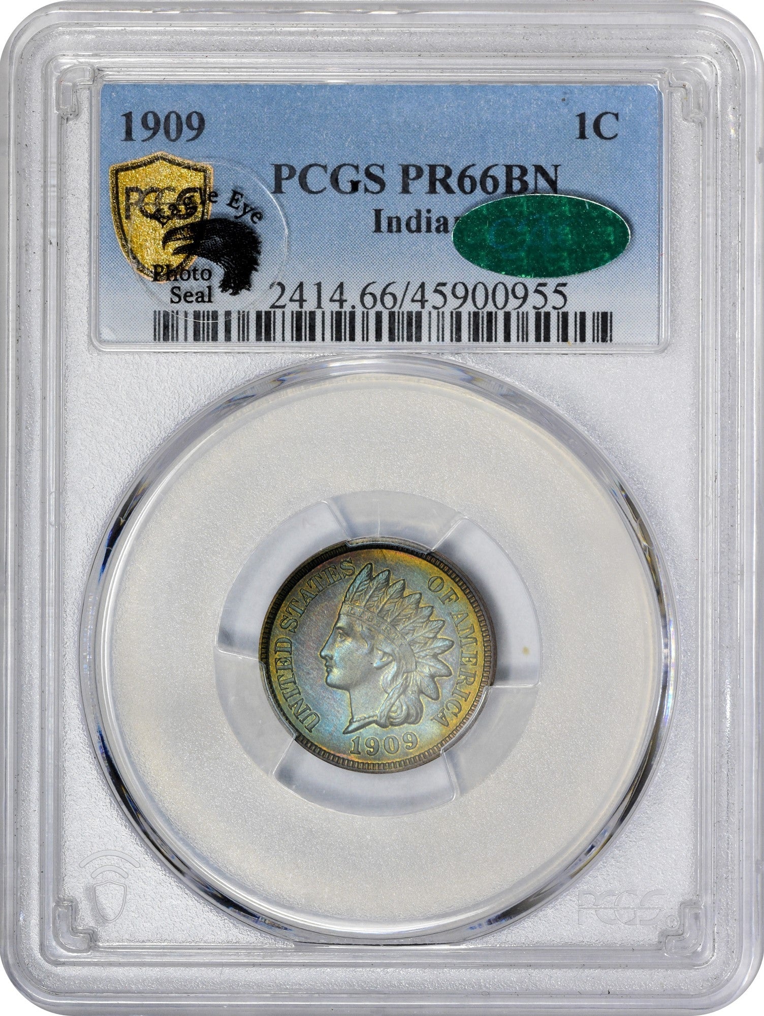 1909 1C INDIAN PR66 BN PCGS CAC EEPS HOLDER WITH CAC AND EAGLE EYE PHOTO SEAL STICKER