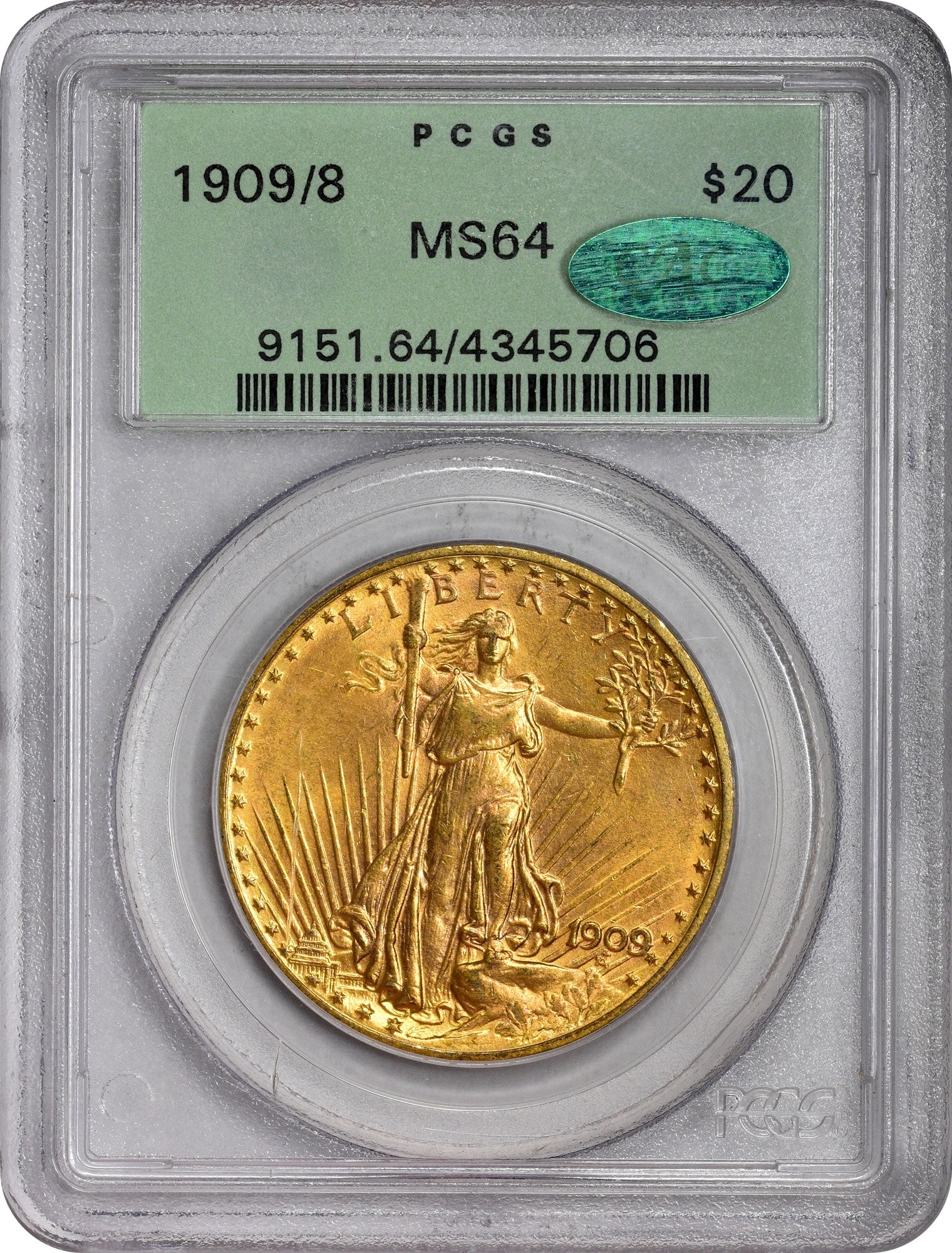 1909/8 $20 MS64 OGH PCGS CAC HOLDER WITH GREEN CAC STICKER