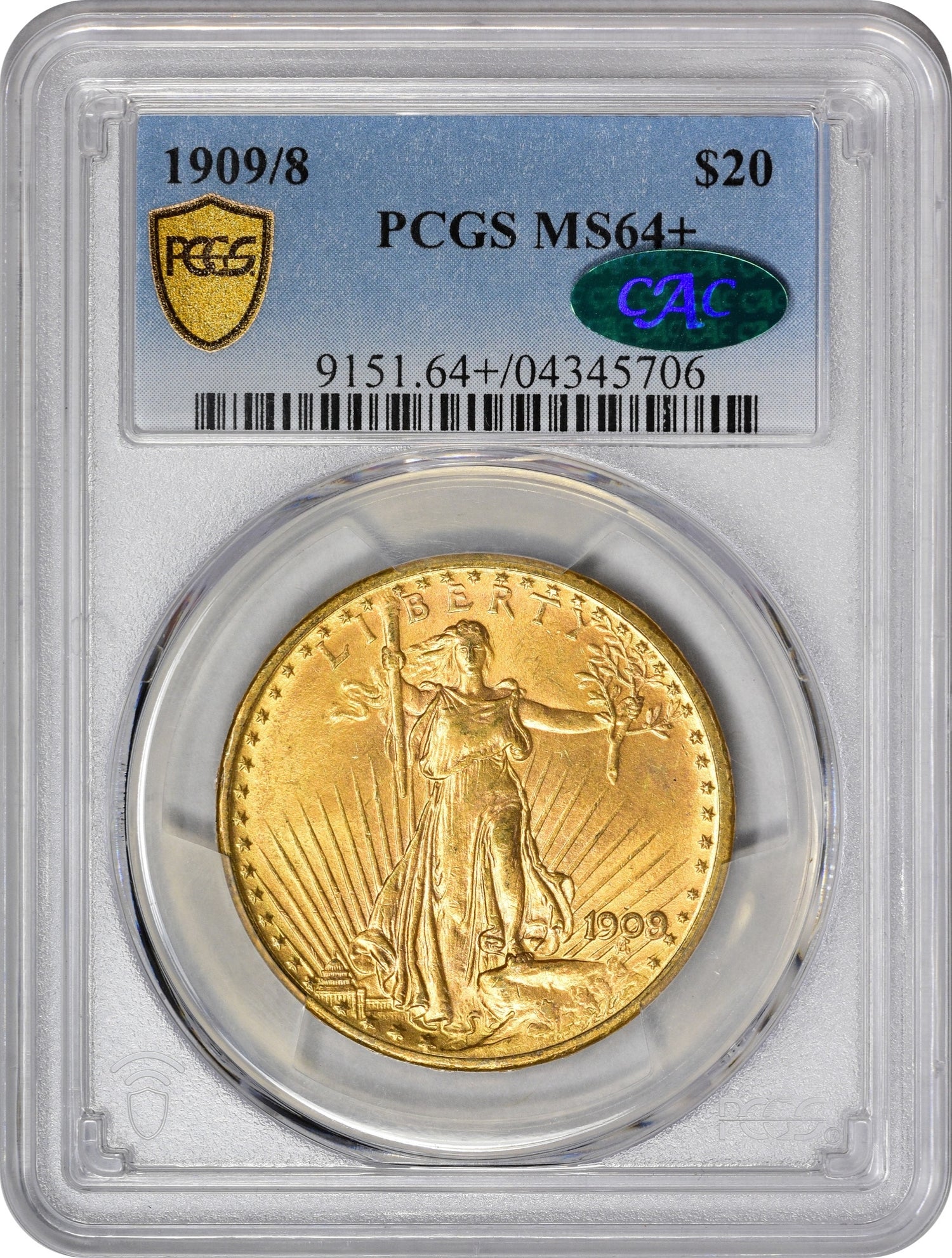 1909/8 $20 MS64+ PCGS CAC HOLDER WITH GREEN CAC STICKER