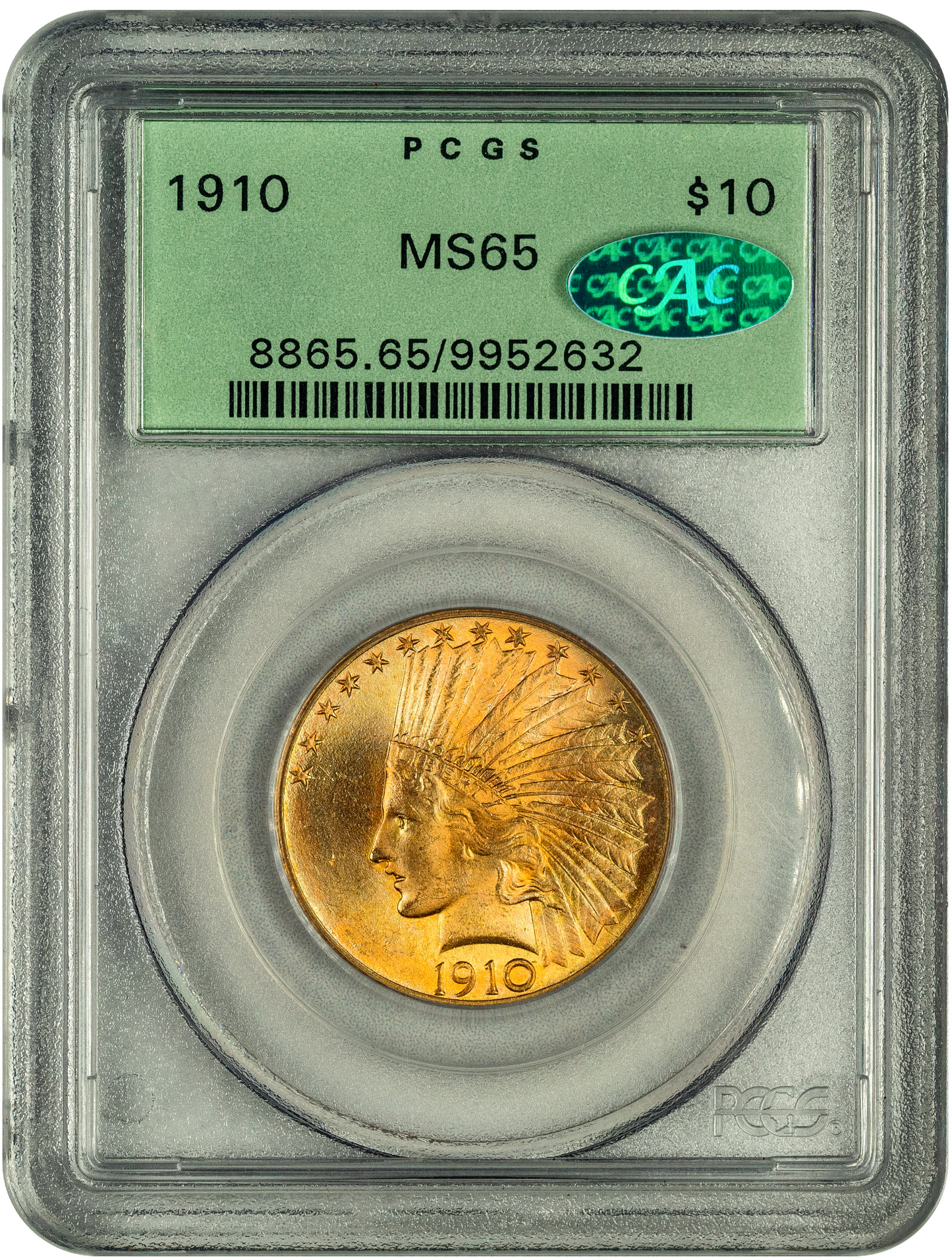 1910 $10 MS65 OGH PCGS CAC HOLDER WITH GREEN CAC STICKER