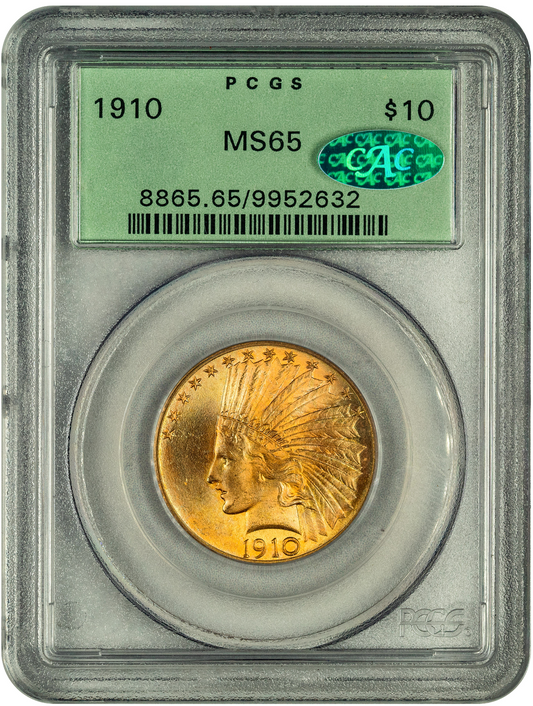 1910 $10 MS65 OGH PCGS CAC HOLDER WITH GREEN CAC STICKER