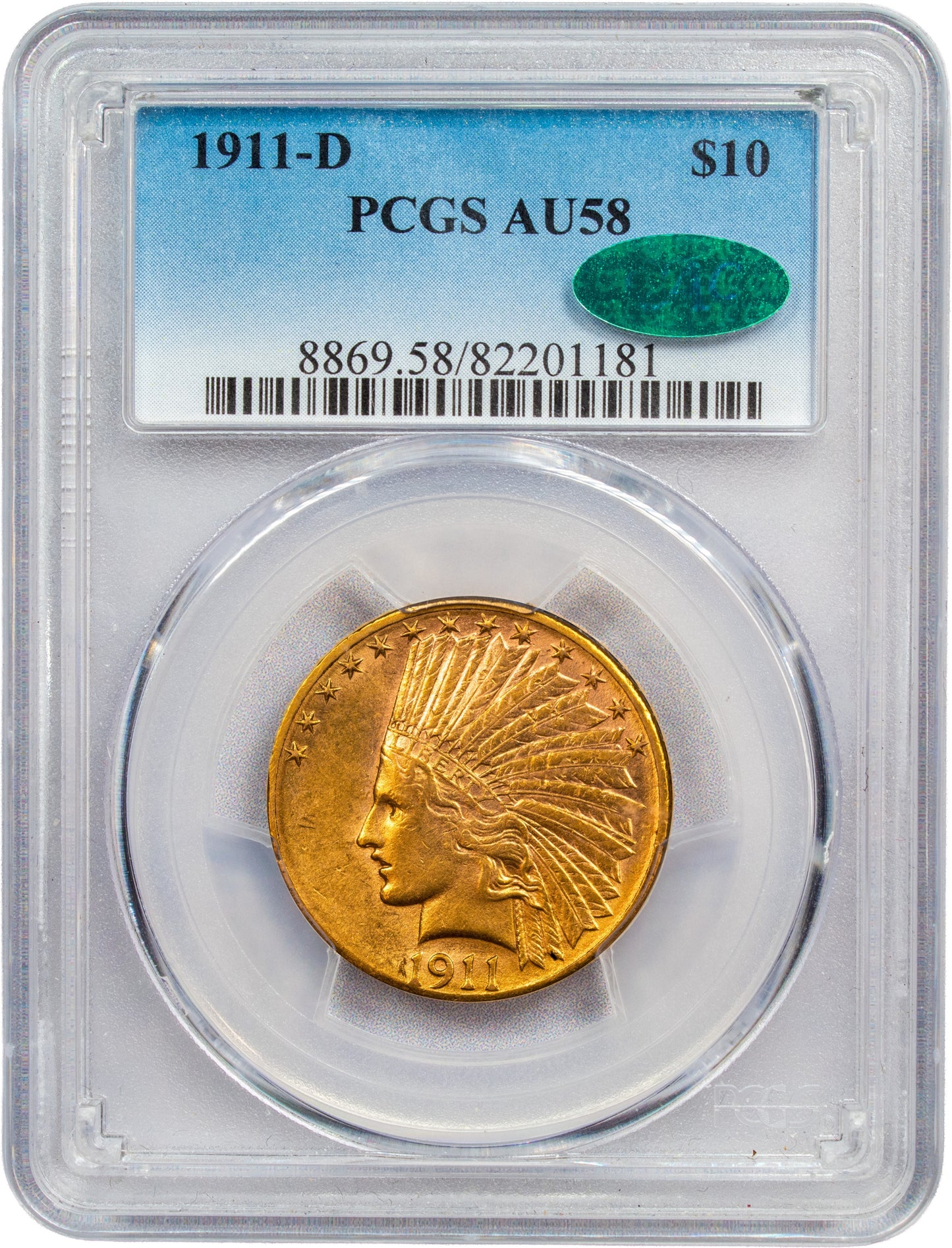 1911-D $10 AU58 PCGS CAC HOLDER WITH CAC GREEN STICKER