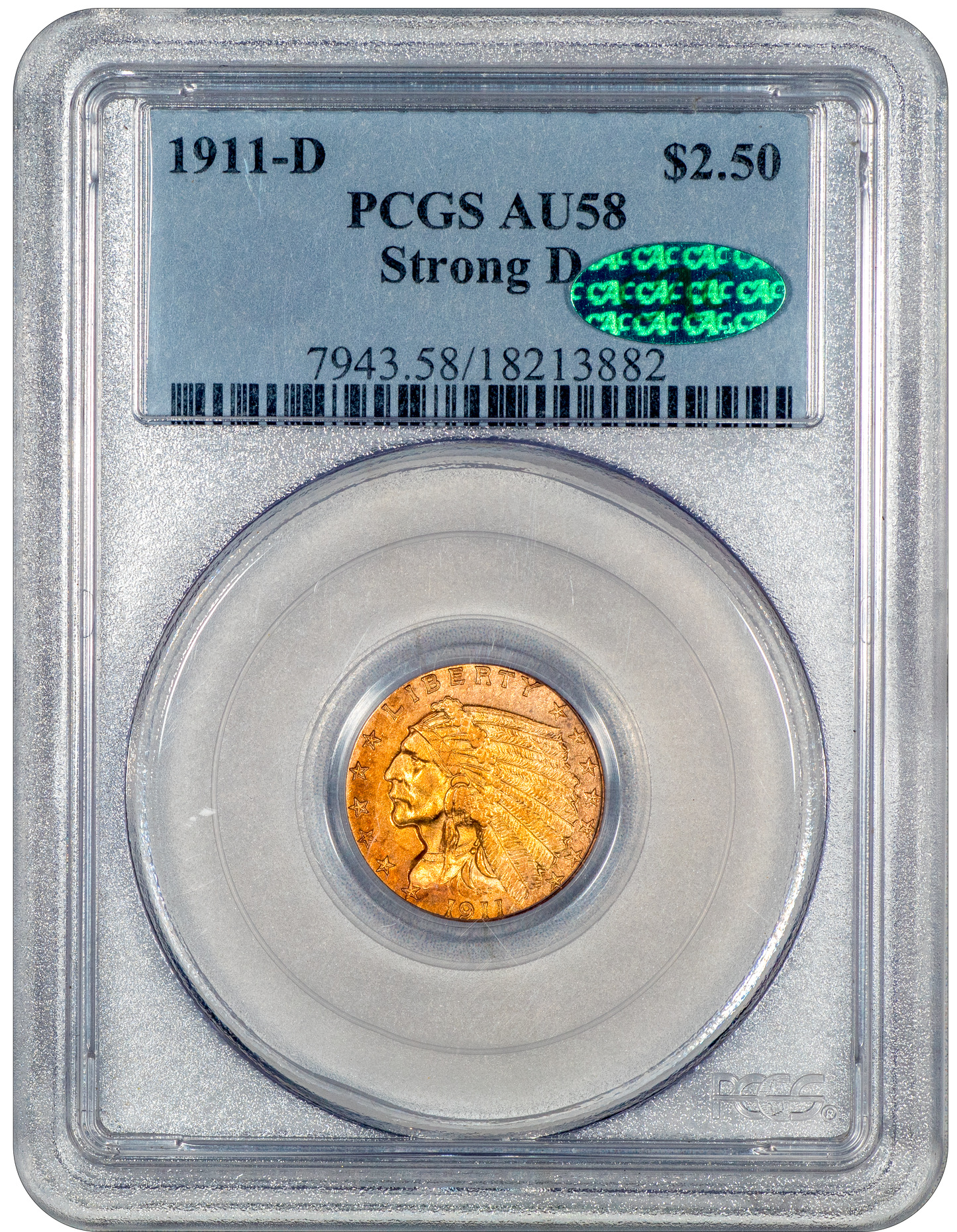 1911-D $2.5 INDIAN QUARTER EAGLE STRONG D AU58 PCGS CAC HOLDER WITH GREEN CAC STICKER