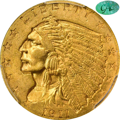 1911-D Strong D $2.5 Ms63 + Pcgs Cac