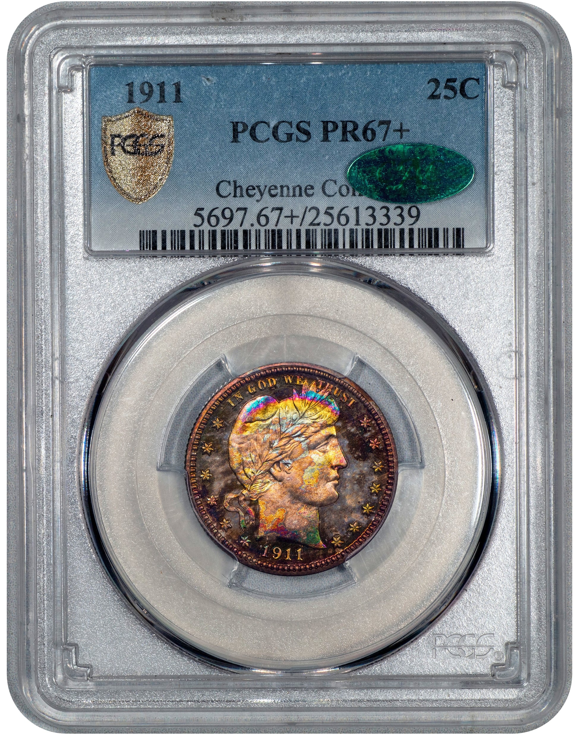 1911 25C  PROOF BARBER QUATER PR67+ PCGS CAC EX CHEYENNE COLLECTION HOLDER WITH GREEN CAC STICKER