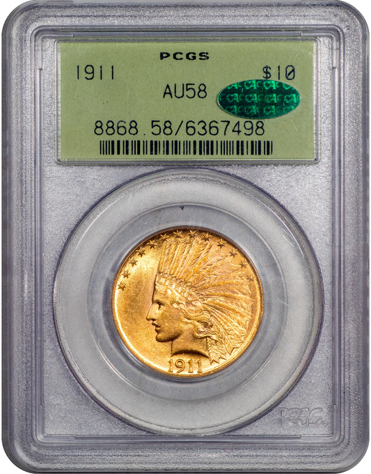 1911 INDIAN HEAD EAGLE $10 AU58 PCGS CAC OGH HOLDER WITH GREEN CAC STICKER